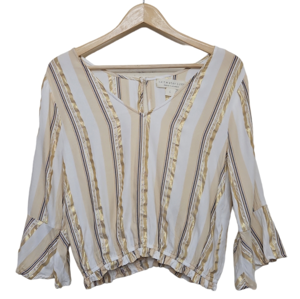 Saltwater Luxe Gold Striped V Neck Blouse Large